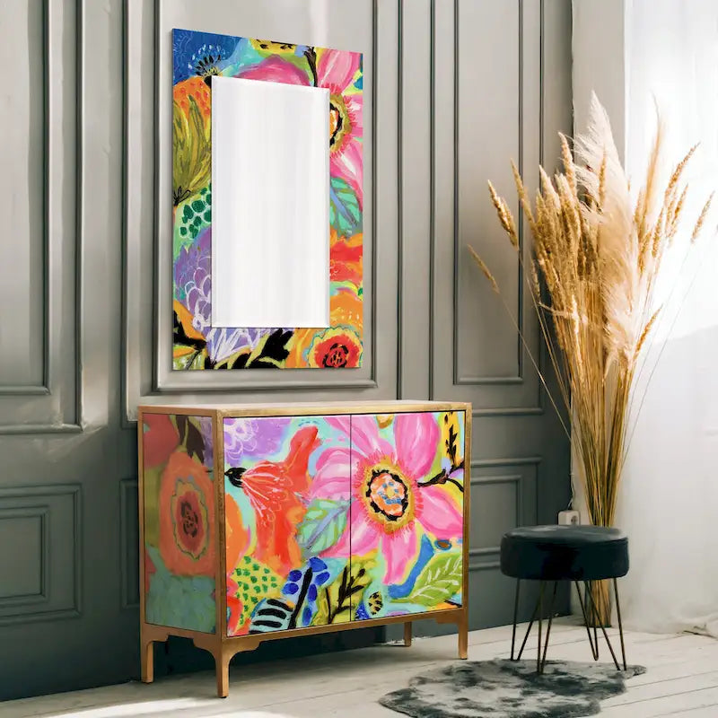 Secret Garden Floral Reverse Printed Beveled Art Glass Cabinet Console Table and Mirror Set