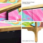 Secret Garden Floral Reverse Printed Beveled Art Glass Cabinet Console Table and Mirror Set