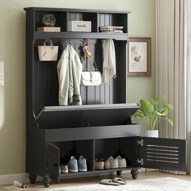 5-in-1 Entryway Bench with Shutter-shaped Doors, Coat Rack, Cushion and 4 Sturdy Hooks