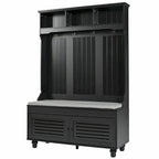 5-in-1 Entryway Bench with Shutter-shaped Doors, Coat Rack, Cushion and 4 Sturdy Hooks