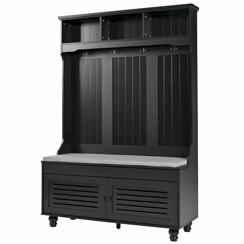 5-in-1 Entryway Bench with Shutter-shaped Doors, Coat Rack, Cushion and 4 Sturdy Hooks
