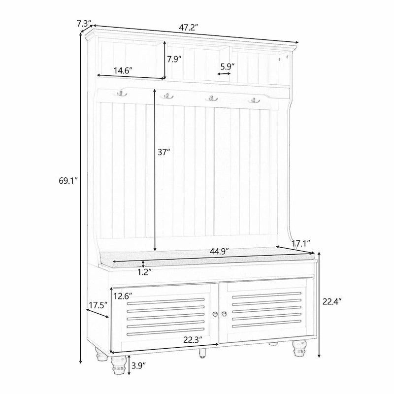 5-in-1 Entryway Bench with Shutter-shaped Doors, Coat Rack, Cushion and 4 Sturdy Hooks
