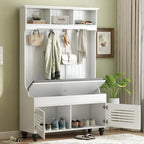 5-in-1 Entryway Bench with Shutter-shaped Doors, Coat Rack, Cushion and 4 Sturdy Hooks