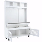 5-in-1 Entryway Bench with Shutter-shaped Doors, Coat Rack, Cushion and 4 Sturdy Hooks