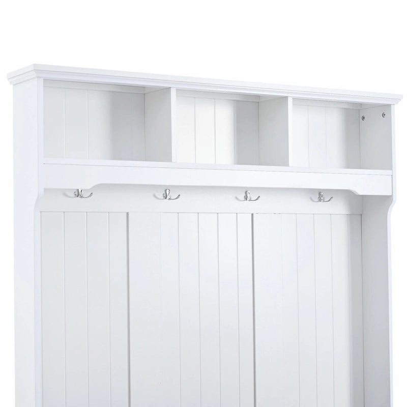 5-in-1 Entryway Bench with Shutter-shaped Doors, Coat Rack, Cushion and 4 Sturdy Hooks