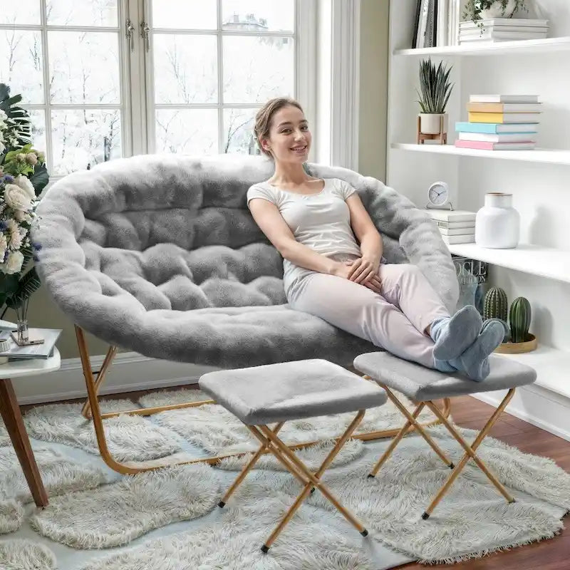 Double Folding Synthetic Fur Saucer Chair with 2 Ottomans