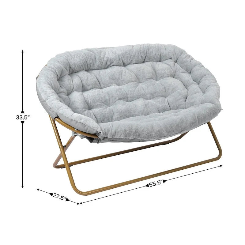 Double Folding Synthetic Fur Saucer Chair with 2 Ottomans