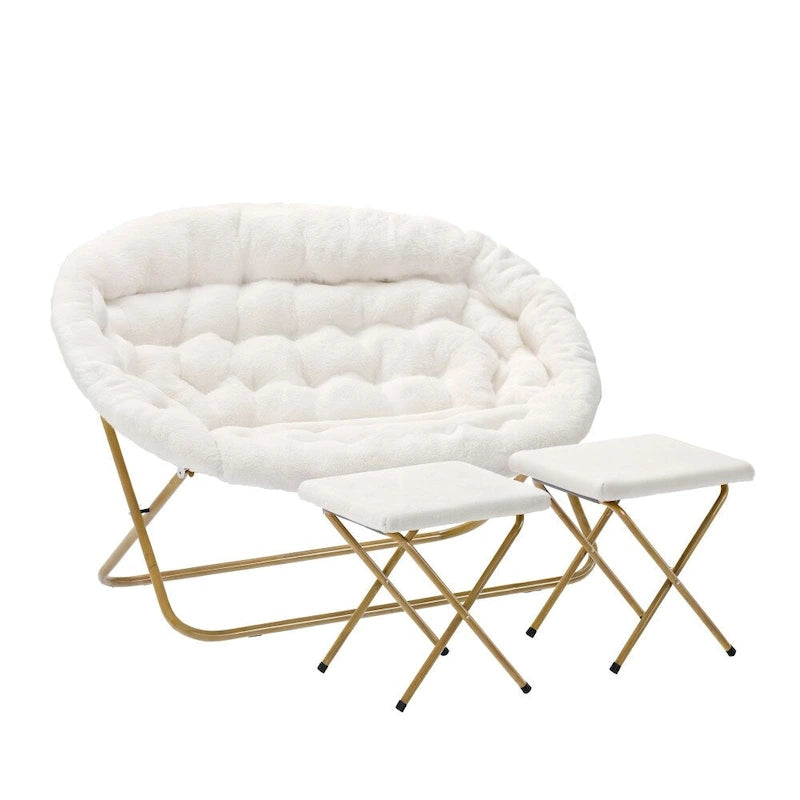 Double Folding Synthetic Fur Saucer Chair with 2 Ottomans