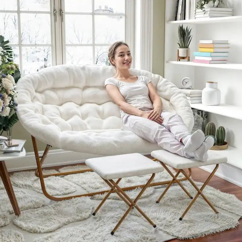 Double Folding Synthetic Fur Saucer Chair with 2 Ottomans