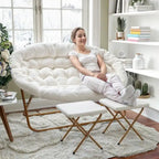 Double Folding Synthetic Fur Saucer Chair with 2 Ottomans