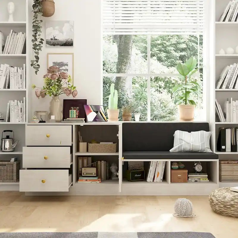 White Shoe Storage Bench with Cushioned Seat and Adjustable Shelves
