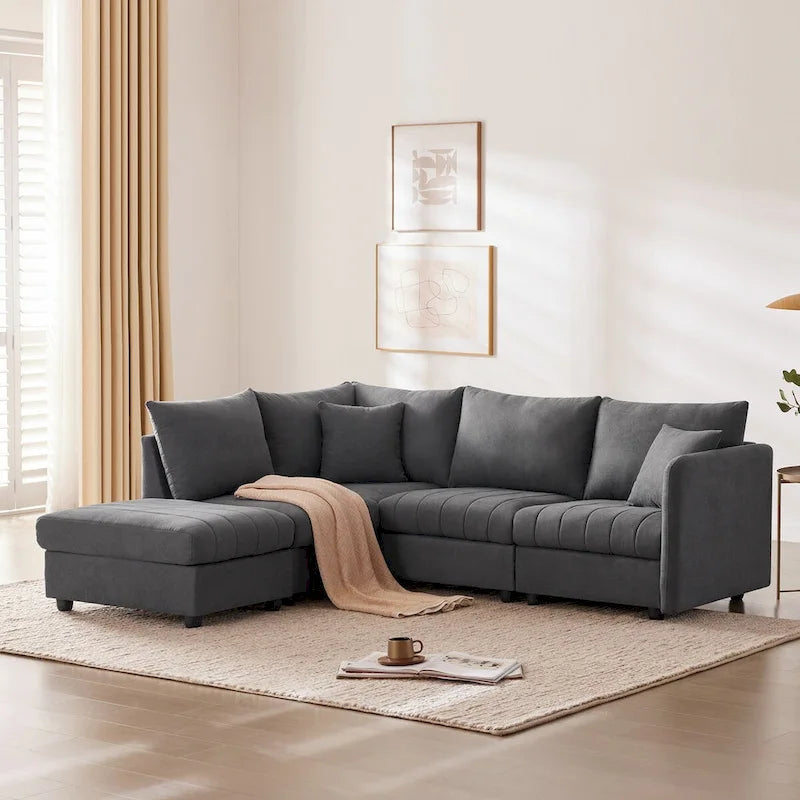 Modern 5-Seat L-Shape Sectional Sofa with Vertical Stripes, 2 Pillows, Convertible Ottoman