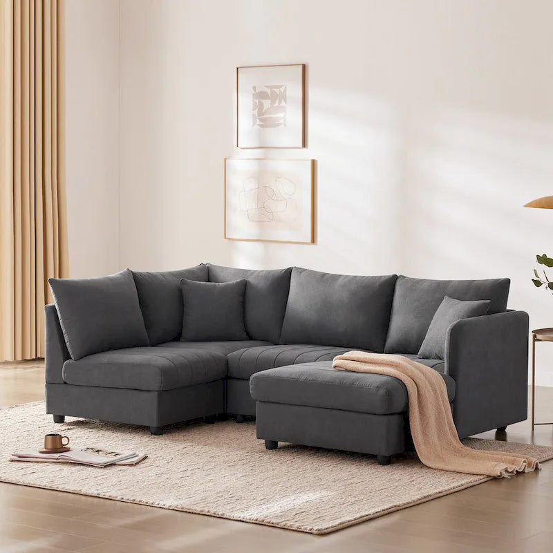 Modern 5-Seat L-Shape Sectional Sofa with Vertical Stripes, 2 Pillows, Convertible Ottoman