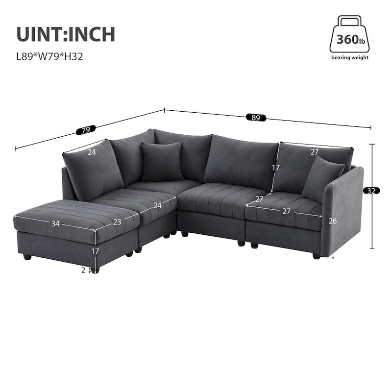 Modern 5-Seat L-Shape Sectional Sofa with Vertical Stripes, 2 Pillows, Convertible Ottoman