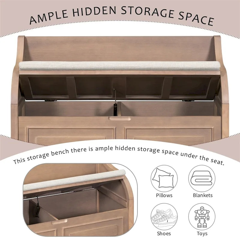 Solid wood Entryway Multifunctional Storage Bench with Safety Hinge
