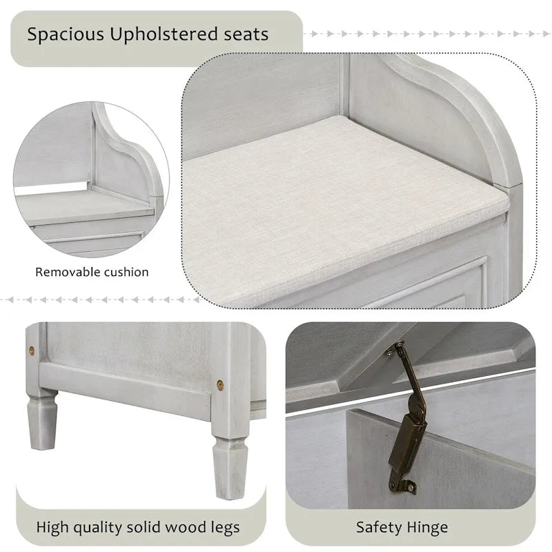 Solid wood Entryway Multifunctional Storage Bench with Safety Hinge
