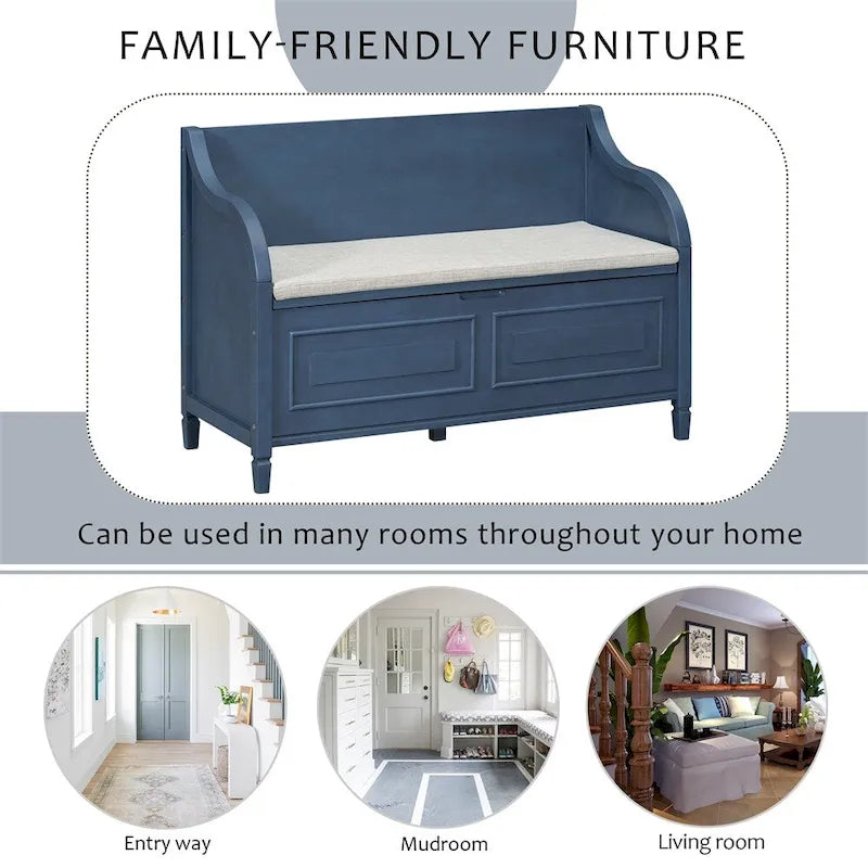 Solid wood Entryway Multifunctional Storage Bench with Safety Hinge