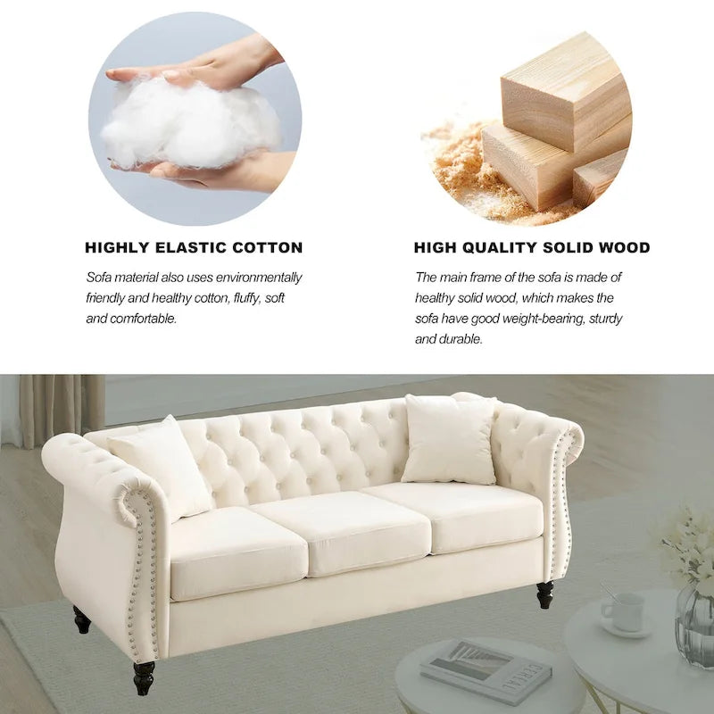 3-Seater Chesterfield Upholstered Tufted Sofa with Rolled Arms and Nailhead