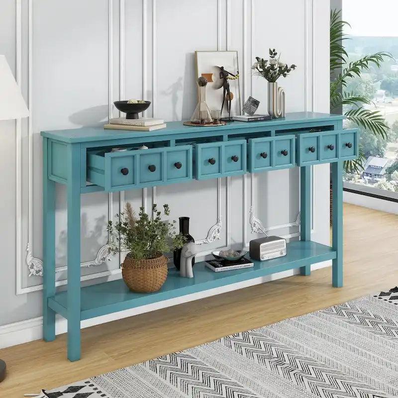 Turquoise Green Rustic 60 Pine Wood Console Table with 4 Drawers, Bottom Shelf, and Distressed Finish for Entryway