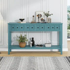 Turquoise Green Rustic 60 Pine Wood Console Table with 4 Drawers, Bottom Shelf, and Distressed Finish for Entryway