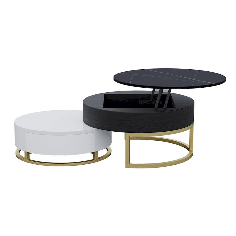 Round Wood Lift-top Nesting Coffee Table with Rotatable Drawers