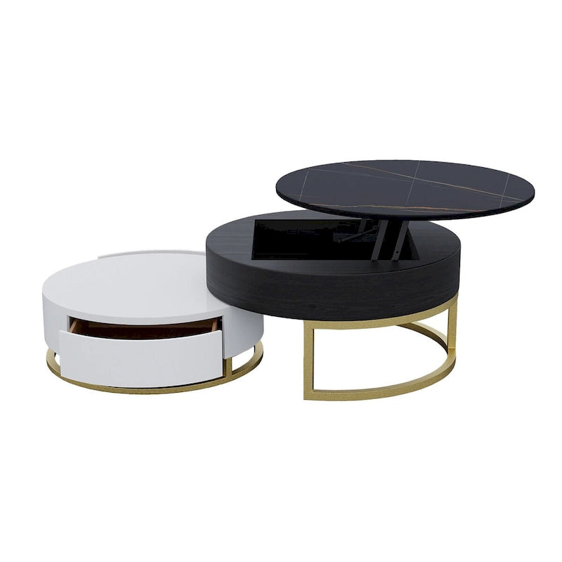 Round Wood Lift-top Nesting Coffee Table with Rotatable Drawers