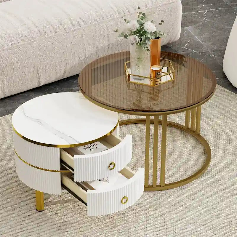 Stackable Coffee Table,Nesting Tables with Brown Tempered Glass,2 PCS
