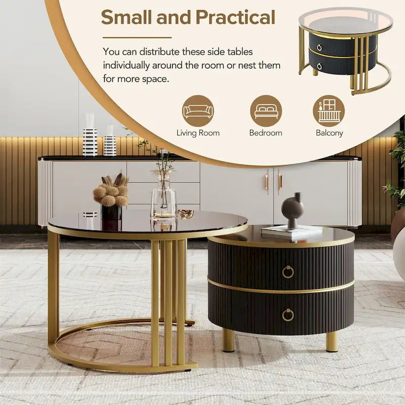 Stackable Coffee Table,Nesting Tables with Brown Tempered Glass,2 PCS