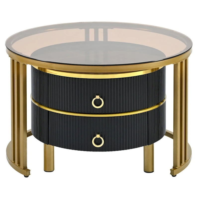 Stackable Coffee Table,Nesting Tables with Brown Tempered Glass,2 PCS