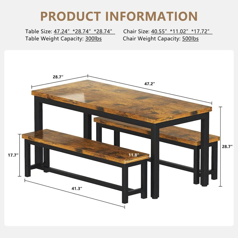 Mieres 3-Piece Dining Table Set with Two Benches, Kitchen Table Set for 4-6 Persons