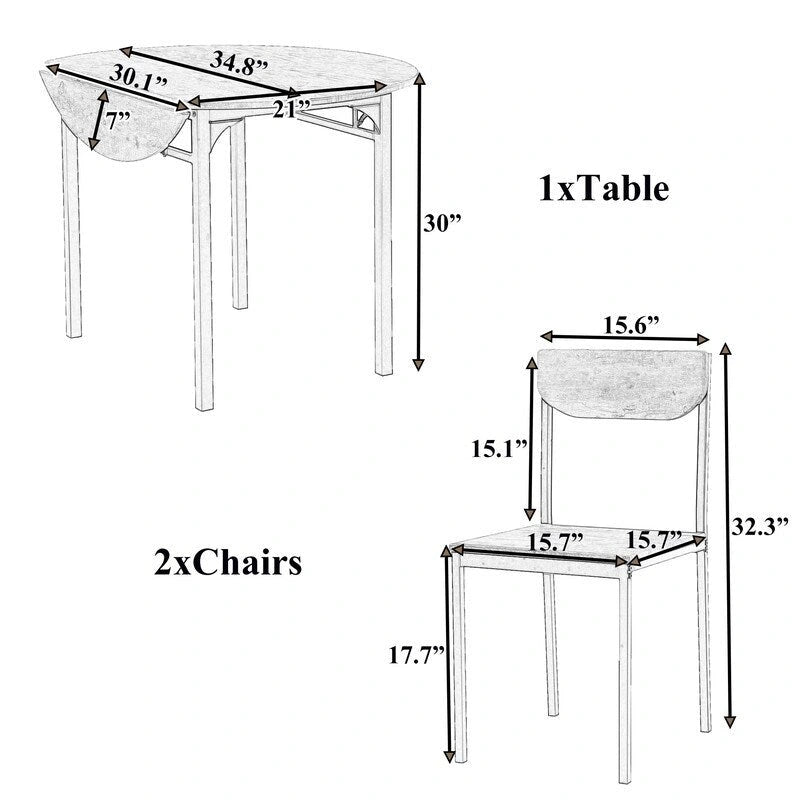 3 Piece Drop Leaf Dining Table Set, Modern Counter Height Round Dining Set with 2 Chairs, Wood Small Kitchen Table Set
