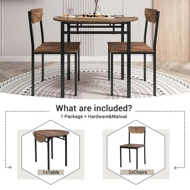 3 Piece Drop Leaf Dining Table Set, Modern Counter Height Round Dining Set with 2 Chairs, Wood Small Kitchen Table Set