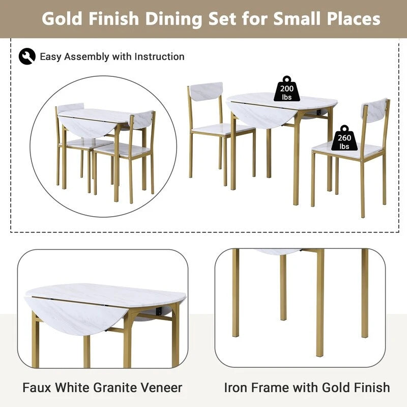 3 Piece Drop Leaf Dining Table Set, Modern Counter Height Round Dining Set with 2 Chairs, Wood Small Kitchen Table Set