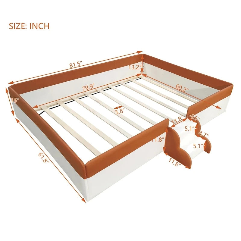 King Size Upholstered Daybed Frame with Fence and Stairs