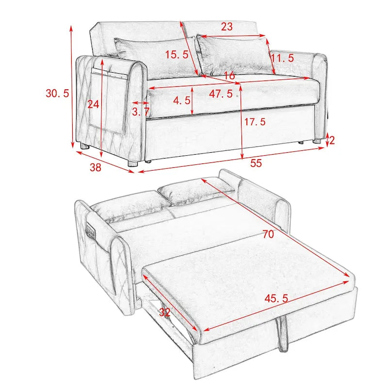 55 Modern Convertible Sofa Bed with 2 Detachable Arm Pockets