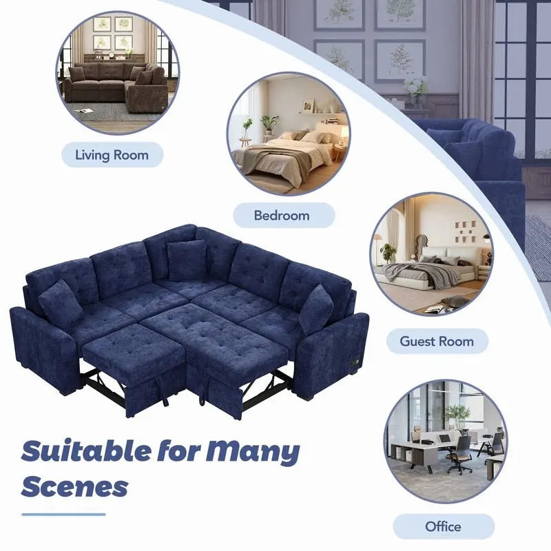 82.6 L-shape Sofa Bed,Sleeper Sofa with Wheels and USB Ports
