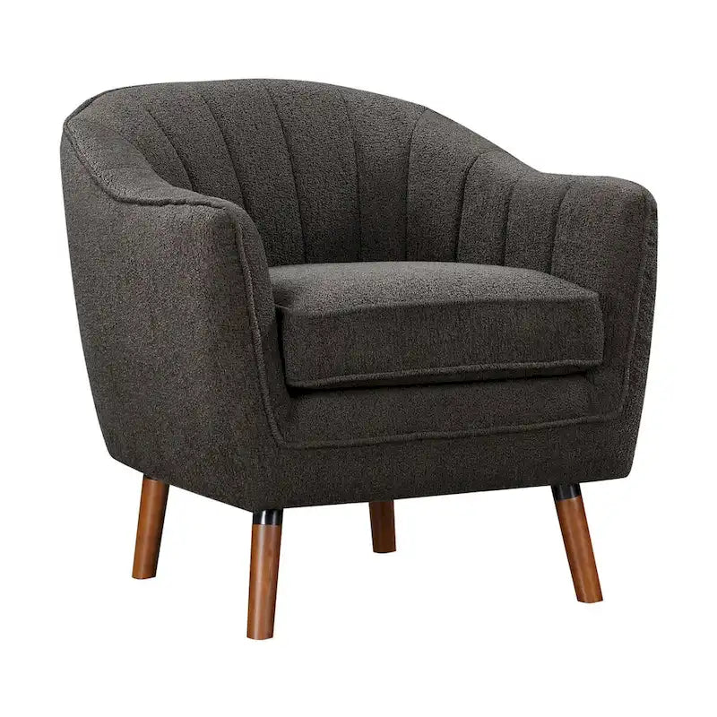 Tia 31 Inch Plush Accent Chair Armchair, Gray Polyester, Brown Solid Wood