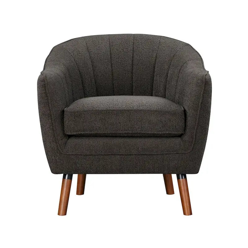 Tia 31 Inch Plush Accent Chair Armchair, Gray Polyester, Brown Solid Wood