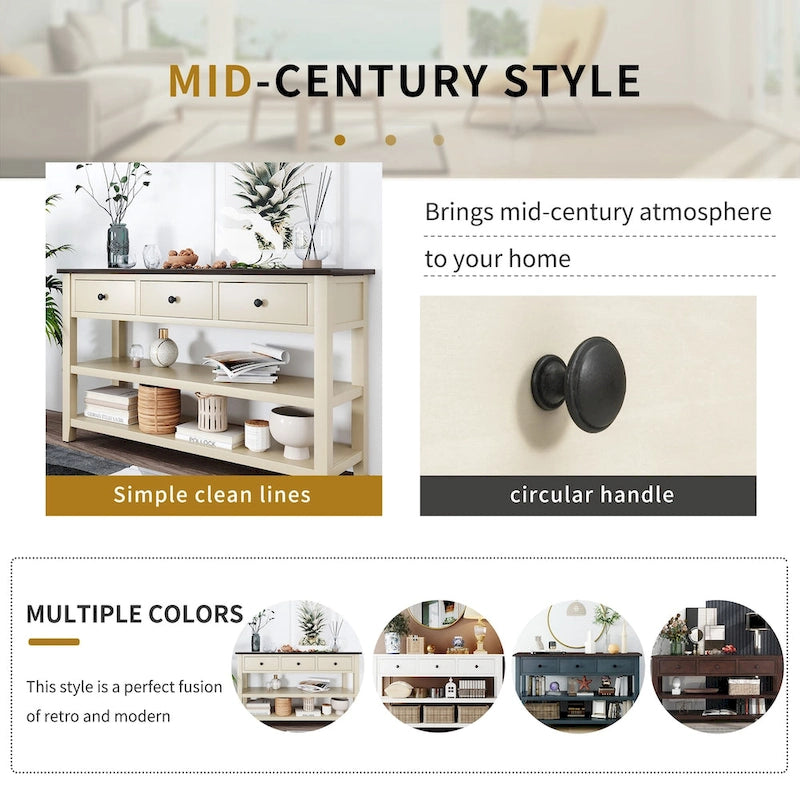 Retro Design Console Table with Two Open Shelves, Pine Solid Wood Frame and Legs for Living Room