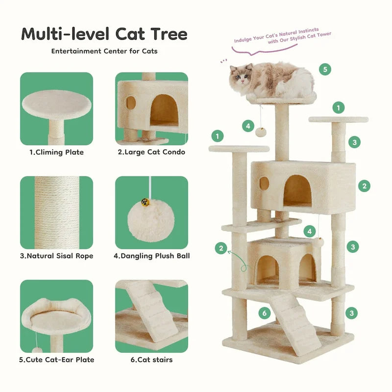 54in Cat Tree, Indoor Cat High-rise Multi-story Tower, Pet Playroom With Large Apartment
