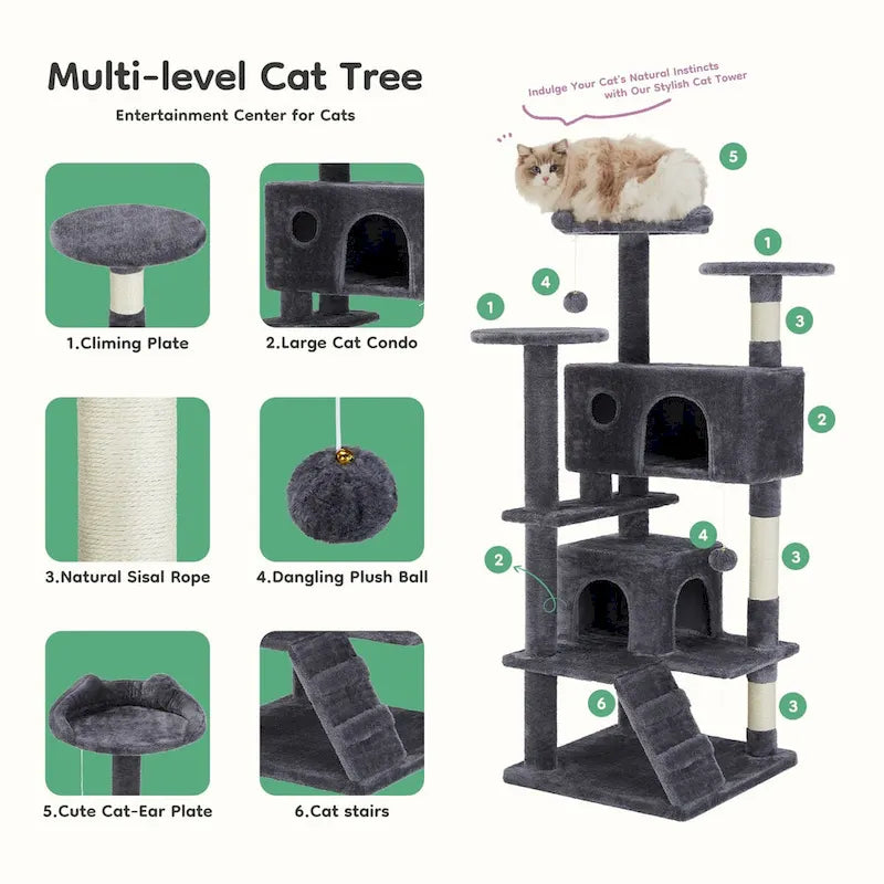 54in Cat Tree, Indoor Cat High-rise Multi-story Tower, Pet Playroom With Large Apartment