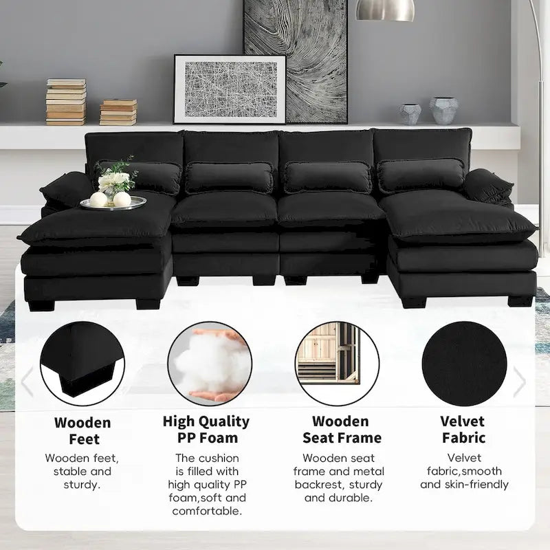 6-seat Upholstered Symmetrical Sofa Furniture U-shaped Sectional Sofa with Waist Pillows