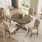 Functional Furniture Retro Style Dining Table Set with Extendable Table and 4 Upholstered Chairs for Dining Room and Living Room