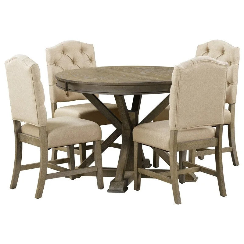 Functional Furniture Retro Style Dining Table Set with Extendable Table and 4 Upholstered Chairs for Dining Room and Living Room