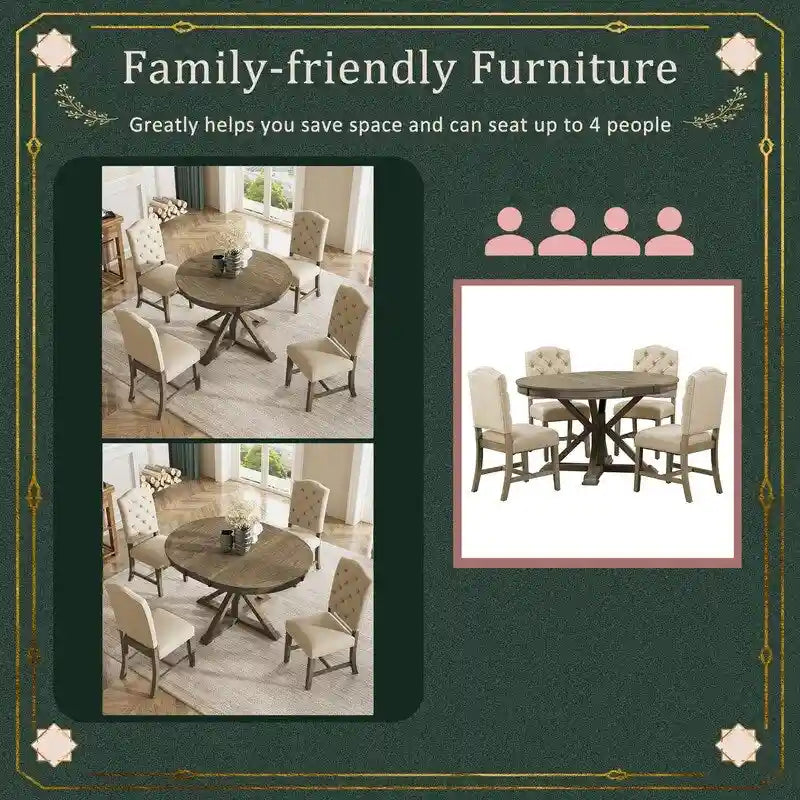 Functional Furniture Retro Style Dining Table Set with Extendable Table and 4 Upholstered Chairs for Dining Room and Living Room
