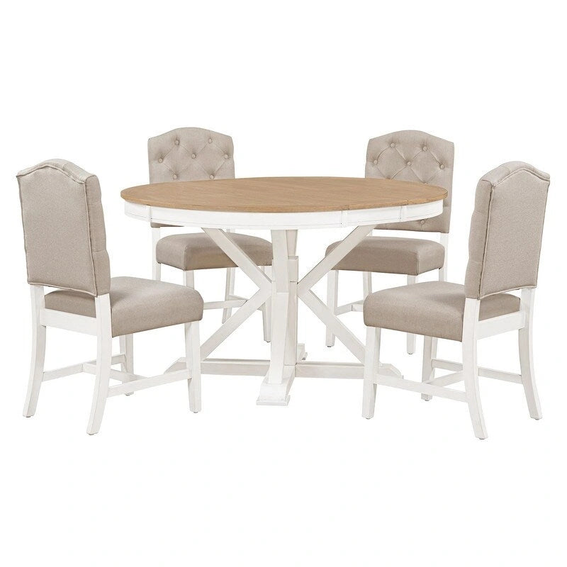 Functional Furniture Retro Style Dining Table Set with Extendable Table and 4 Upholstered Chairs for Dining Room and Living Room