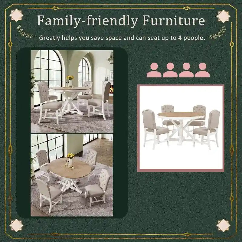 Functional Furniture Retro Style Dining Table Set with Extendable Table and 4 Upholstered Chairs for Dining Room and Living Room