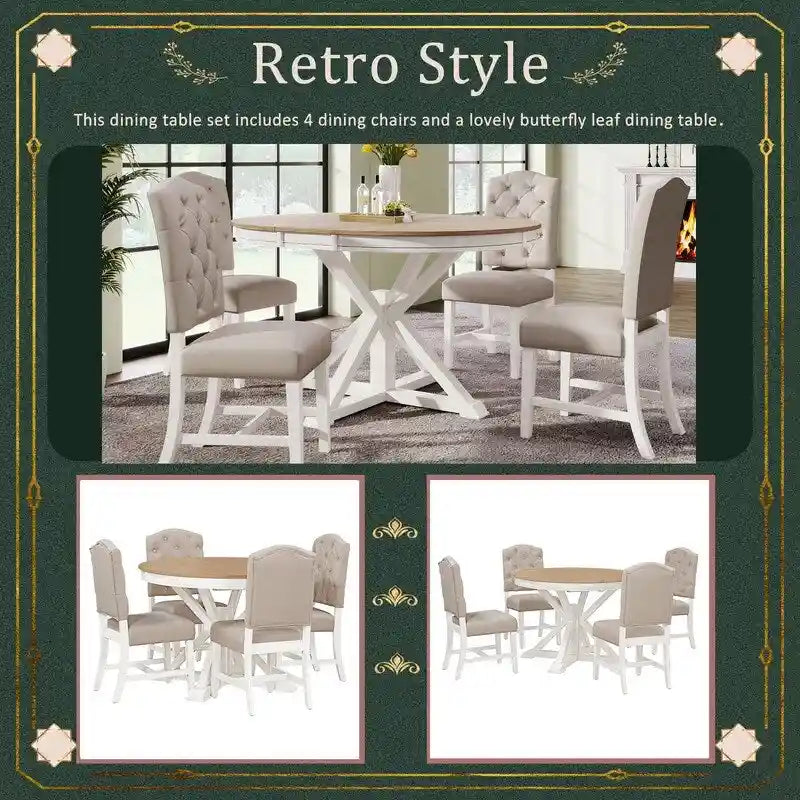 Functional Furniture Retro Style Dining Table Set with Extendable Table and 4 Upholstered Chairs for Dining Room and Living Room