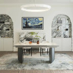 9 - Piece 94.48 Modern Minimalist Extendable Sintered Stone Top Double Pedestal Dining Set With 8 Fabric Chairs