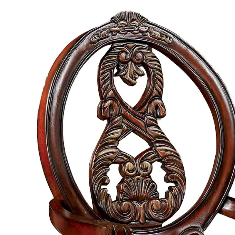 28 Inch Dining Side Chair Set of 2, Brown Wood Carved Back, Beige Fabric